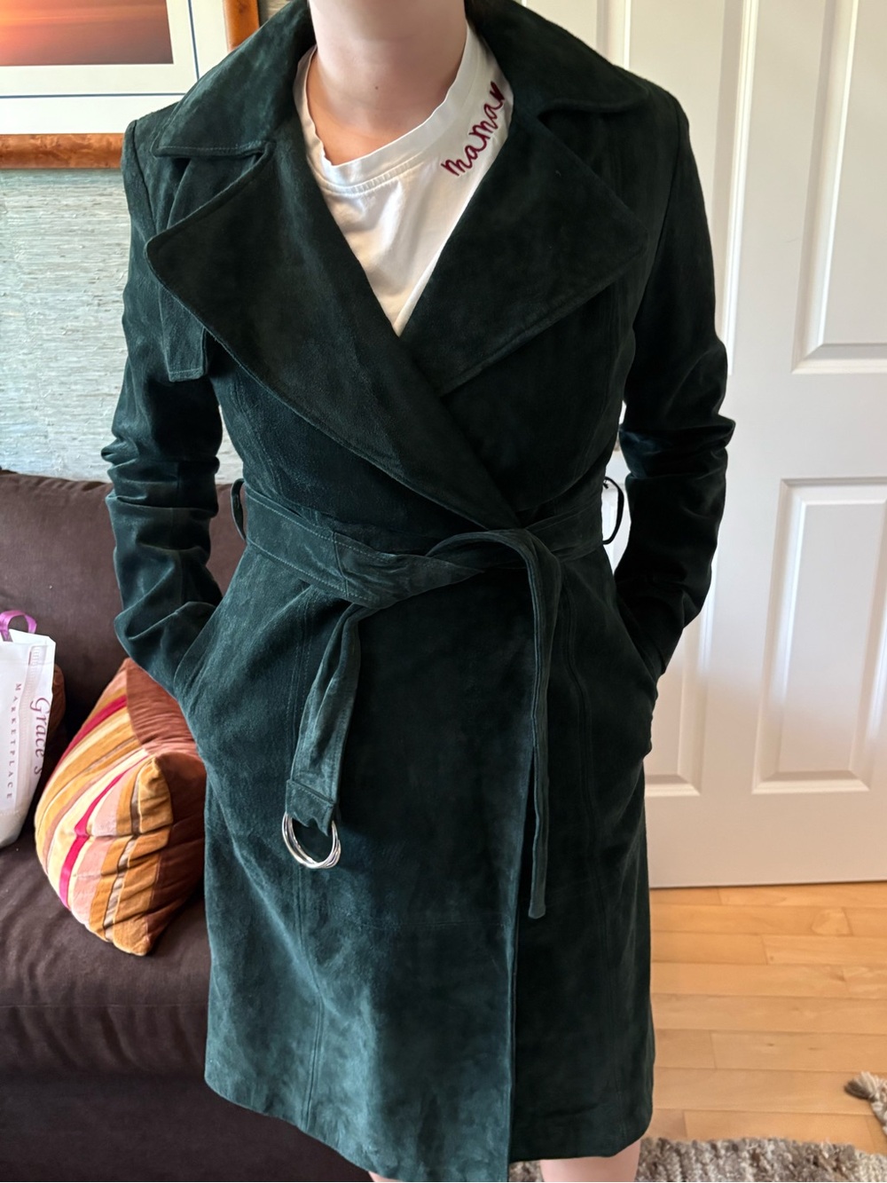 NWT INC International Concepts Dark Green Suede Wrap Trench Coat